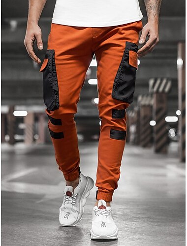  Herren Cargo-Hosen Cargohose Hose Patchwork Kordelzug Elastischer Bund Farbblock Sport im Freien Alltagskleidung Streetwear Sportlich Schlank Schwarz Rote