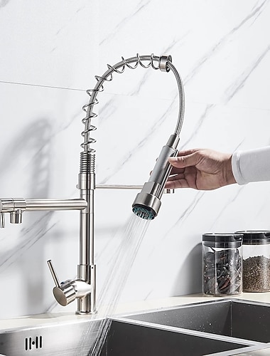  keukenkraan, messing chroom blad gemonteerde uittrekbare spray eigentijdse keukenkranen met warm en koud schakelaar