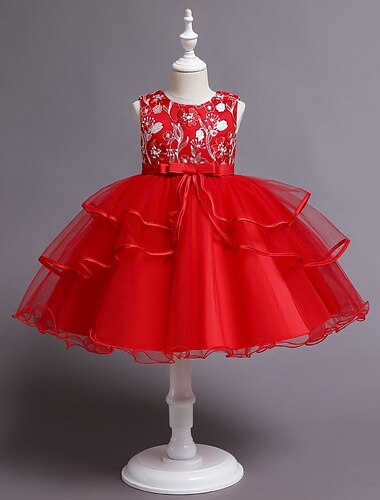  Vestido infantil para daminha de honra, com lantejoulas, sem mangas, para apresentações, casamentos e festas, em tule e patchwork de algodão, na altura do joelho, ideal para o verão, primavera e outono, disponível nas cores rosa, vermelho e azul.