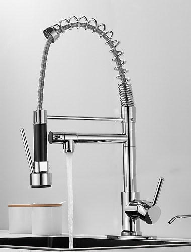  keukenkraan met uittrekbare douche- en zeepdispenser sets enkele handgreep twee gaten uittrekbare/draaibare/multifunctionele standaard uitloop, messing hoog-hoge boog badrandcombinatie keukenkraan