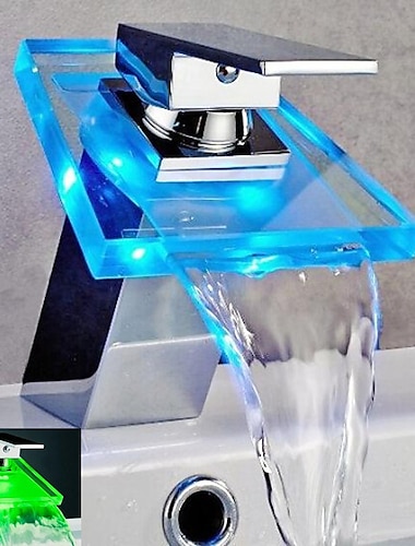 Vodopád koupelnová dřezová baterie chromová, LED světla pro změnu barvy na baterie, jednootvorové umyvadlové baterie, mosazná toaletní baterie se skleněnou hubicí