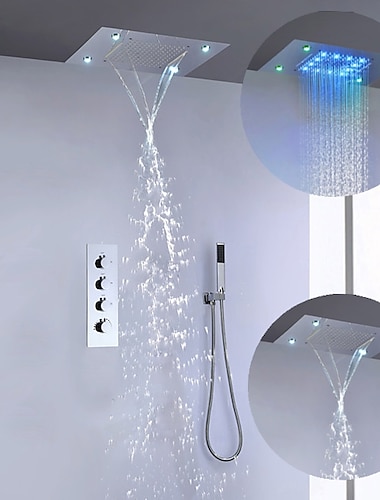  Duscharmatur, 500 * 360 Chrom-LED-Duscharmatur-Sets mit Edelstahl-Duschkopf und Handbrause an der Decke montierter Wasserfall- / Strahl- / Regenduschkopf (das Produkt muss zur Verwendung