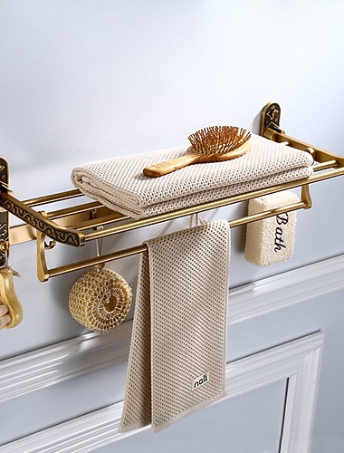  flerlags håndklestang med 7 kroker sammenleggbar antikk utskåret aluminium for bad veggmontert 1 stk