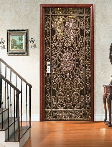  gouden smeedijzeren deur zelfklevende creatieve deur stickers diy decoratieve thuis waterdichte muurstickers 77*200 cm voor slaapkamer woonkamer