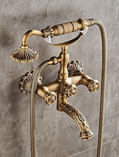  Juego de grifo de sistema de ducha vintage montado en la pared, kit de facuet de cabezal de ducha de baño de latón antiguo giratorio 360 con rociador de cabezal de ducha de mano grifo mezclador de baño de válvula de cerámica