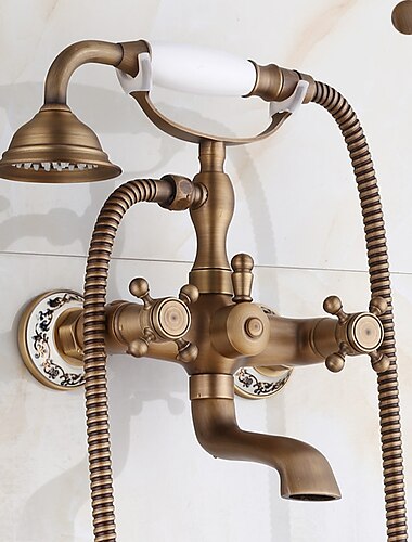  remplisseur de baignoire mitigeur eau froide/chaude pied sur pattes fini cuivre antique remplisseur de baignoire mural avec robinet de douche à main 2 poignées en croix avec bec de baignoire style