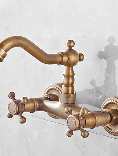  Art Deco Antique Brass Sprinkle Sink Faucets,  Wall Mount Two Handles Two Holes Kitchen Faucet with Hot and Cold Water Switch