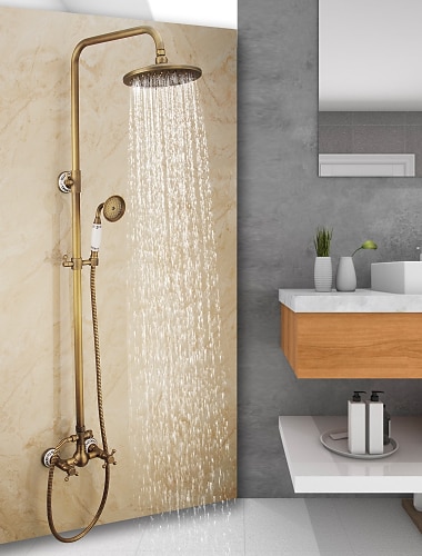  Duscharmatur, Duschsystem / Regenduschkopf-System-Set Handbrause inklusive ausziehbarer Regendusche Vintage-Stil / Country-Messing-Halterung außen Keramikventil Badewannendusche Mischbatterien