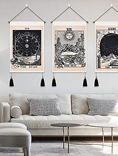  boho pak van 3 tarot waarzeggerij geweven bohemien wandtapijten kunst decor deken gordijn opknoping huis slaapkamer woonkamer decoratie nordic katoen linnen kwast maan sterren zon 14 "x 20"