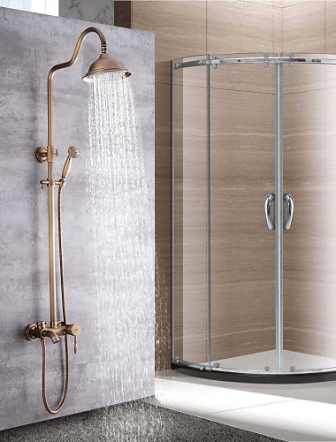  Duscharmatur, Duschsystem-Set – Handbrause inklusive ausziehbarem Wasserfall im Vintage-Stil / Country Antik-Messing-Halterung außen Keramikventil Wannendusche Mischbatterien