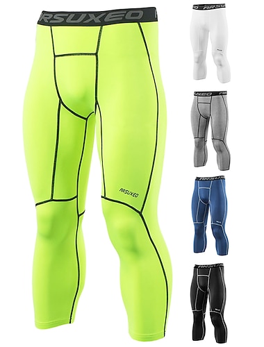  Męskie Prążki Fluorescencyjny Sports Gym Leggings Getry do biegania Spodnie kompresyjne Rower 3/4 Rajstopy Warstwa podstawowa Lato Jesień Sport Szybkie wysychanie Miękka Odprowadza wilgoć zielony