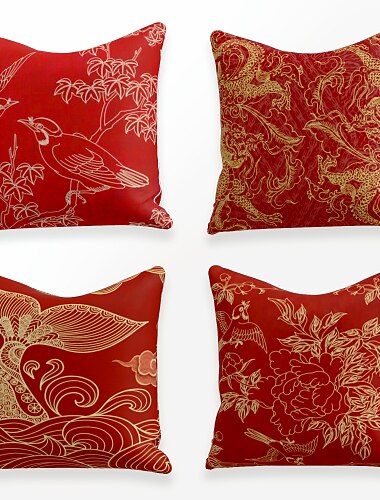  Chinese stijl rood goud kussenhoes 4 stuks zachte vierkante sierkussenhoes faux linnen kussenhoes kussensloop voor sofa slaapkamer 45 x 45 cm (18 x 18 inch) superieure kwaliteit mashine wasbaar