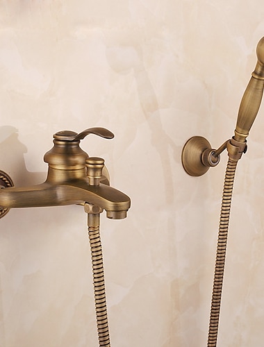  Shower Faucet Set,Mount Outside Antique Brass/Brass/Yellow Dual-Head Pullout Vintage Style, Brass Shower Faucet with Rain Shower/Handshower/Bodysprays/Drain with Hot and Cold Water