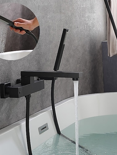  Robinet de baignoire noir mural, robinet de salle de bain bain romain remplisseur mitigeur laiton, pulvérisateur 2 trous avec tuyau d'eau chaude froide