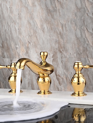  wijdverspreide badkamer wastafel mengkraan, 3 gat 2 handvat goud messing wastafelkranen wasruimte vat waterkraan, warme en koude slang op het dek gemonteerd