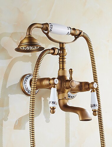  Shower Faucet Set - Rainfall Shower Vintage Style Antique Brass Mount Outside Ceramic Valve Bath Shower Mixer Taps