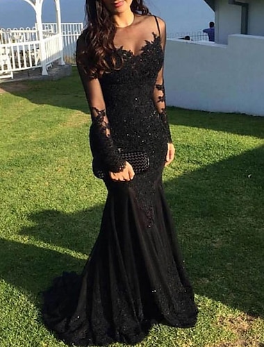  Mermaid Black Dress Evening Gown Sequin Prom Dress Sparkle Formal Gown Sweep / Brush Train Long Sleeve Illusion Neck Lace with Appliques 2024