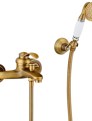  Duscharmatur-Set, Außenmontage Messing antik/Messing/gelber Doppelkopf ausziehbarer Vintage-Stil, Messing-Duscharmatur mit Regendusche/Handbrause/Bodysprays/Abfluss mit heißem und kaltem Wasser