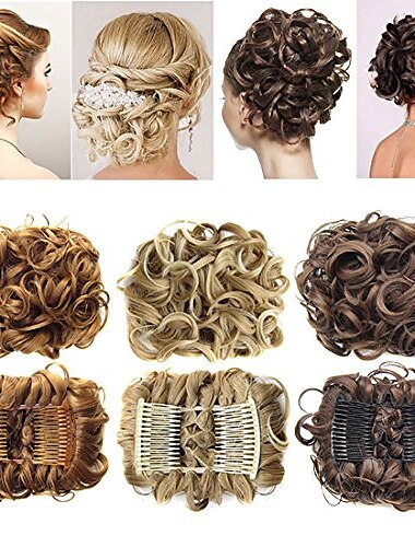  extensión del moño del pelo del plato rizado corto desordenado peines para el cabello de estiramiento fácil clip en la bandeja del moño postizos de cola de caballo - marrón oscuro a castaño claro