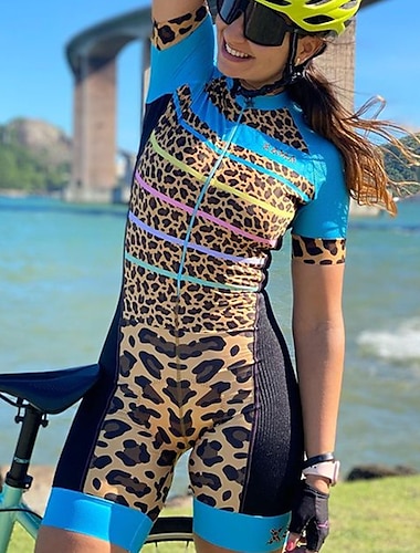  Mujer Maillot de Ciclismo con Culotte Traje de triatlón Manga Corta MTB Bicicleta Montaña Ciclismo Carretera Rojo Azul Naranja Graphic Leopardo Retazos Bicicleta Transpirable Secado rápido Licra