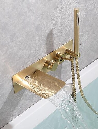  Badewannenarmatur, Messing gebürstet Gold/Schwarz Wandinstallation Wasserfall inklusive Handbrause von Spray-Typ Bad Dusche Mischbatterien mit heißem und kaltem Wasser