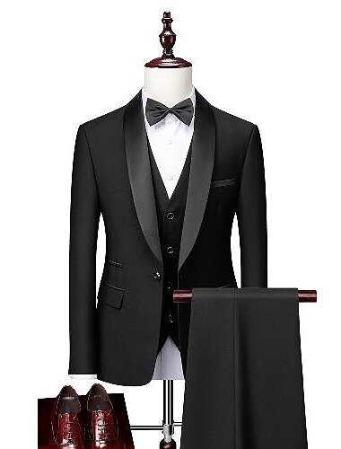  Trajes de graduación para hombre, color gris oscuro, negro y rojo, trajes de esmoquin para boda, cuello chal de 3 piezas, color sólido, ajuste estándar, un solo pecho, un botón, 2024