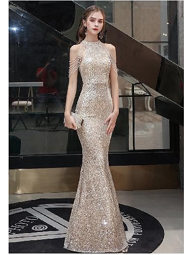  Robe de soirée sirène dorée, robe de bal à paillettes, moulante, robe de soirée formelle, col licou, sans manches, longueur au sol, avec perles, robe de bal à pampilles, robe pour impressionner 2025