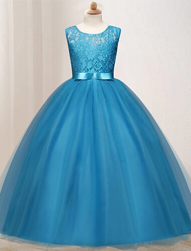  أطفال للفتيات فستان فتاة الزهور فستان بدون كم زفاف مناسب للحفلات دانتيل شبكة لطيف بوليستر طويل للأرض فستان فتاة الزهرة الأرجواني الملون مسحوق اللون أبيض