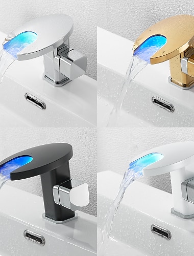 Grifo para lavabo de baño, cascada led con control de temperatura, juego central galvanizado de 3 colores, grifos de baño de un solo mango con un orificio