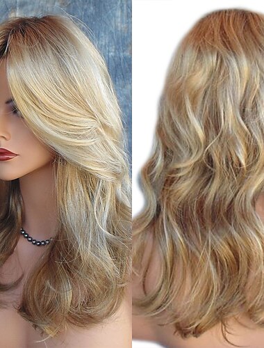  Kunsthaarperücke, glatt, gewellt, Mittelscheitel, Seitenscheitel, blond, mittellang, blondes Kunsthaar, 55,9 cm, für Damen, verstellbar, hitzebeständig, klassisches Blond/Ombré-Haar/natürlicher