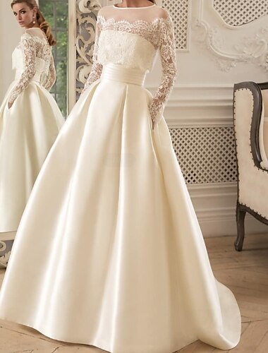  Engagement Vintage 1940s  1950s Formele Trouwdresses A-Lijn Illusion Hals Lange Mouwen Vloerlengte Satin Bruidsjurken Met Plooien Beading 2025