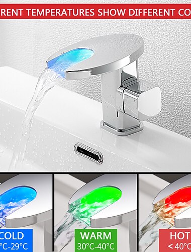  Waschbeckenhahn, LED-Wasserfall, temperaturgesteuerte 3-Farben-galvanisierte Centerset-Einhand-Einloch-Badarmaturen