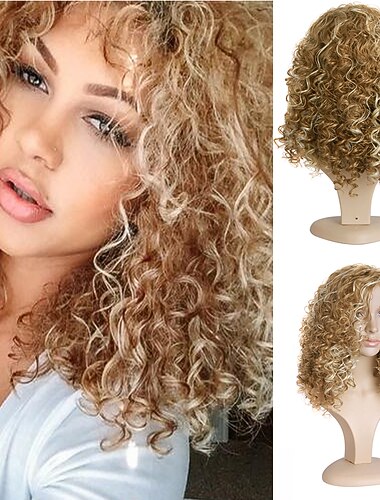  blonde parykker for kvinner syntetisk parykk med smell middels lengde afro naturlige parykker blande farger parykker