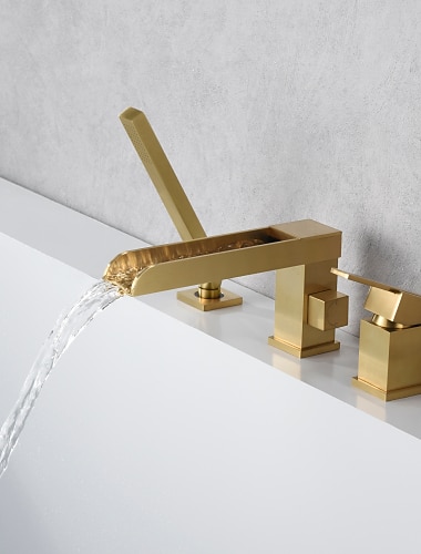  robinet de baignoire cascade bec long remplisseur de baignoire mitigeurs dorés avec douche à main tuyau de 60 pouces, 3 trous 2 poignées montées sur le pont salle de bain répandue