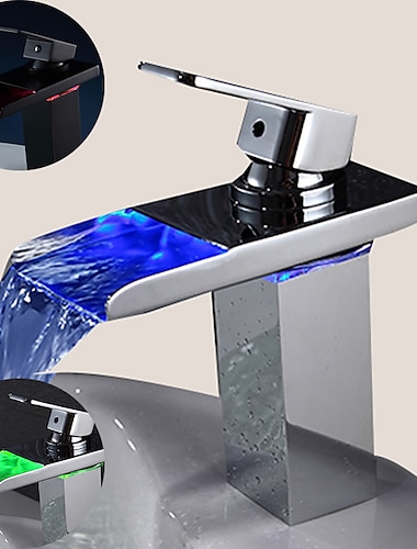  Bathroom Sink Faucet with Supply Hose,LED Waterfall Spout Single Handle Single Hole Vessel Lavatory Faucet,Slanted Body Basin Mixer Tap
