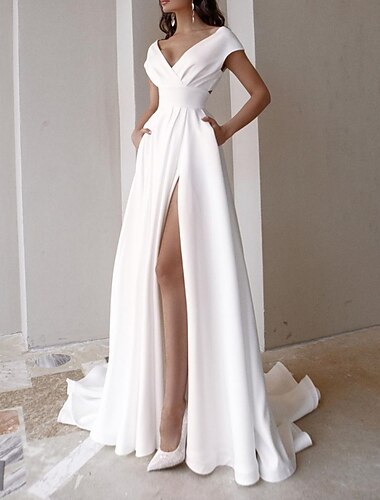  Salão Casual Vestidos de noiva Linha A Decote V Alças Cauda Escova Tecido Que Estica Vestidos de noiva Com Fenda Frontal 2024