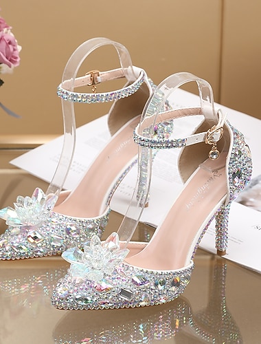  kvinners lilla rhinestone sandaler med høy hæl – elegante krystall ankelreim bryllupsfestsko