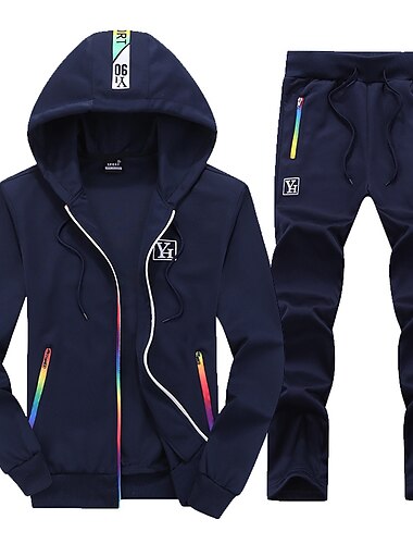  Voor heren Trainingspak sweatsuit Joggingpakken Zwart blauw Lichtgrijs Capuchon Brief Vetoketju Zak 2-stuks Sport Streetwear Streetwear Stoer Casual Lente & Herfst Kleding Hoodies Sweatshirts