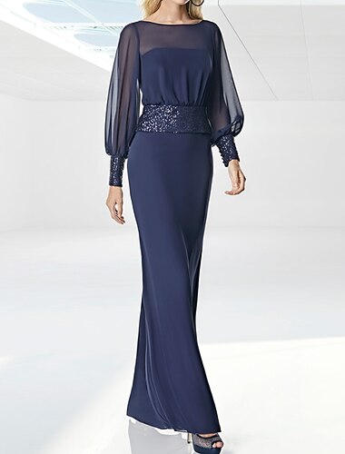  Sheath Abendkleid Minimalistisches Kleid Hochzeitsgast Formelles Abendkleid Bodenkontakt Langarm Illusion Hals Chiffon mit Pailletten 2025 kostenlose Maßanfertigung