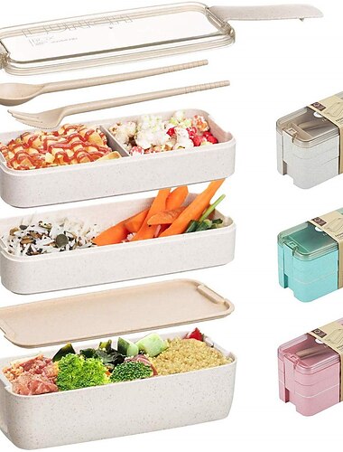  900ml tragbare Brotdose 3-lagige Weizenstroh-Bento-Boxen Mikrowelle Geschirr Lebensmittelvorratsbehälter Lebensmittelbox 3er-Sets 1 Satz