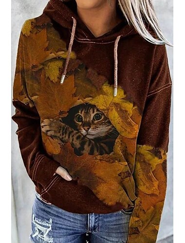  Damen Kapuzenpullover mit Katzen-Grafik, Batikmuster, Fronttaschen-Print, Alltag, andere Prints, Basic, lässig, Kapuzenpullover, Sweatshirts, Blau, Schwarz, Braun, bequem, atmungsaktiv, weicher Stoff