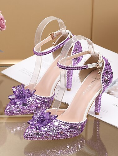  Sandalias de tacón alto con diamantes de imitación morados para mujer: elegantes zapatos de boda con tiras de cristal en el tobillo.