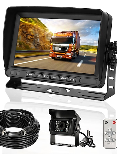  Rear View Camera Kit with 7 LCD Monitor 120 Wide Angle Rearview Camera IP68 Waterproof 18IR Night Vision Reversing Camera for Truck Trailer Bus Van Agriculture Heavy Transport (9-32V)