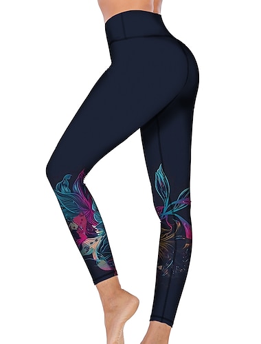  Mulheres Calças de ioga Butt Lift Compressão abdominal Cintura Alta Treino de Ginástica Corrida Ginástica Meia-calça Leggings Estampa floral Azul Marinho Escuro Outono Inverno Esportes Roupas