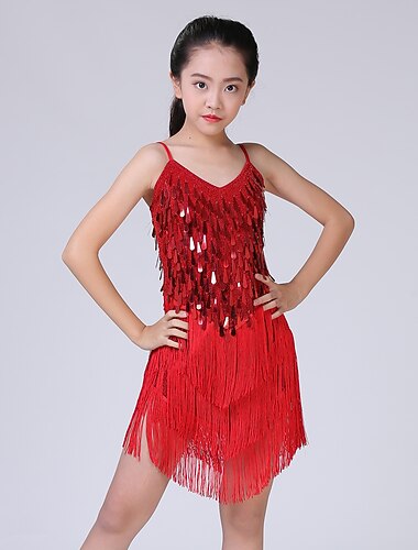  Latinamerikansk dans Klänning Tofs Lager Paljett Flickor Prestanda Träning Långärmad Polyester