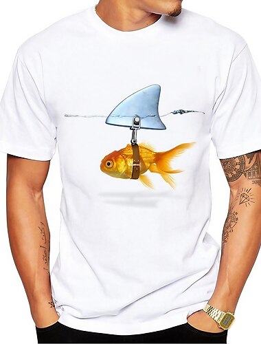  Animal Peixes Tubarão Peixe Dourado Azul e Branco Branco + vermelho Preto Camisa Social Camiseta Homens Gráfico Misto de Algodão Camisa Casual Inovador Camisa Manga Curta Camiseta confortável Verão