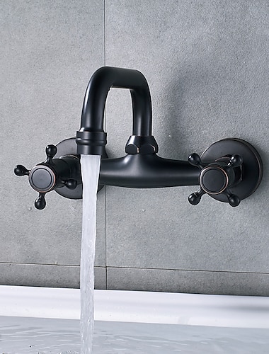  Robinet mitigeur mural pour évier de salle de bain, robinets de lavabo vintage à 2 poignées et 3 trous avec tuyau d'eau chaude froide, robinets de vasque mono lavabo montés sur le pont en bronze huilé