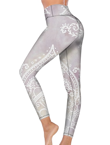  Mulheres Calças de ioga Butt Lift Compressão abdominal Cintura Alta Treino de Ginástica Corrida Ginástica Meia-calça Leggings Imprimir Cinza Claro Outono Inverno Esportes Roupas Esportivas