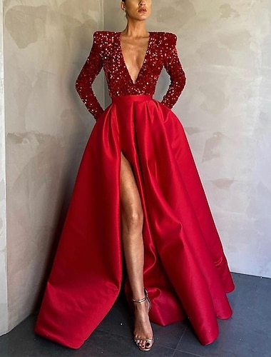  Ballkleid Abendkleid Funkel  Strahlen Kleid Hochzeitsgast Hochzeitsfeier Bodenlänge Lange Ärmel V-Ausschnitt Tasche Satin mit Pailletten Tasche Maskerade Kleid