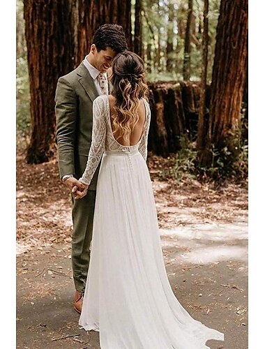  Beach Open Back Boho Wedding Dresses A-Line Scoop Neck Long Sleeve Sweep / Brush Train Lace Bridal Gowns With Pleats Appliques 2024